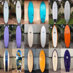 A selection of nine twin fins surfboards shaped by NMC Surfboards - a collection showing front and back of each board, exemplifying the skill, channels and quality finishes of the NMC team led by Nick McAteer