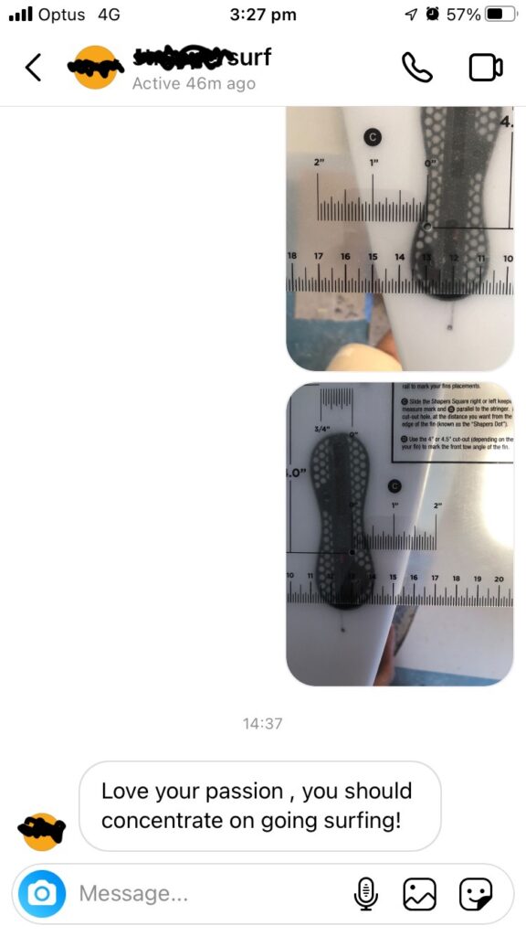 Screenshot of a social media chat that shows photographs of a surfboard that has been made wonky
